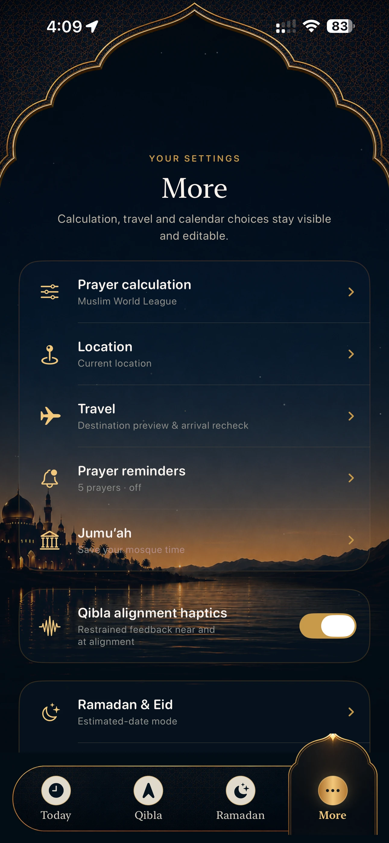Al Huda More screen with Prayer Essentials available as a deliberate external destination