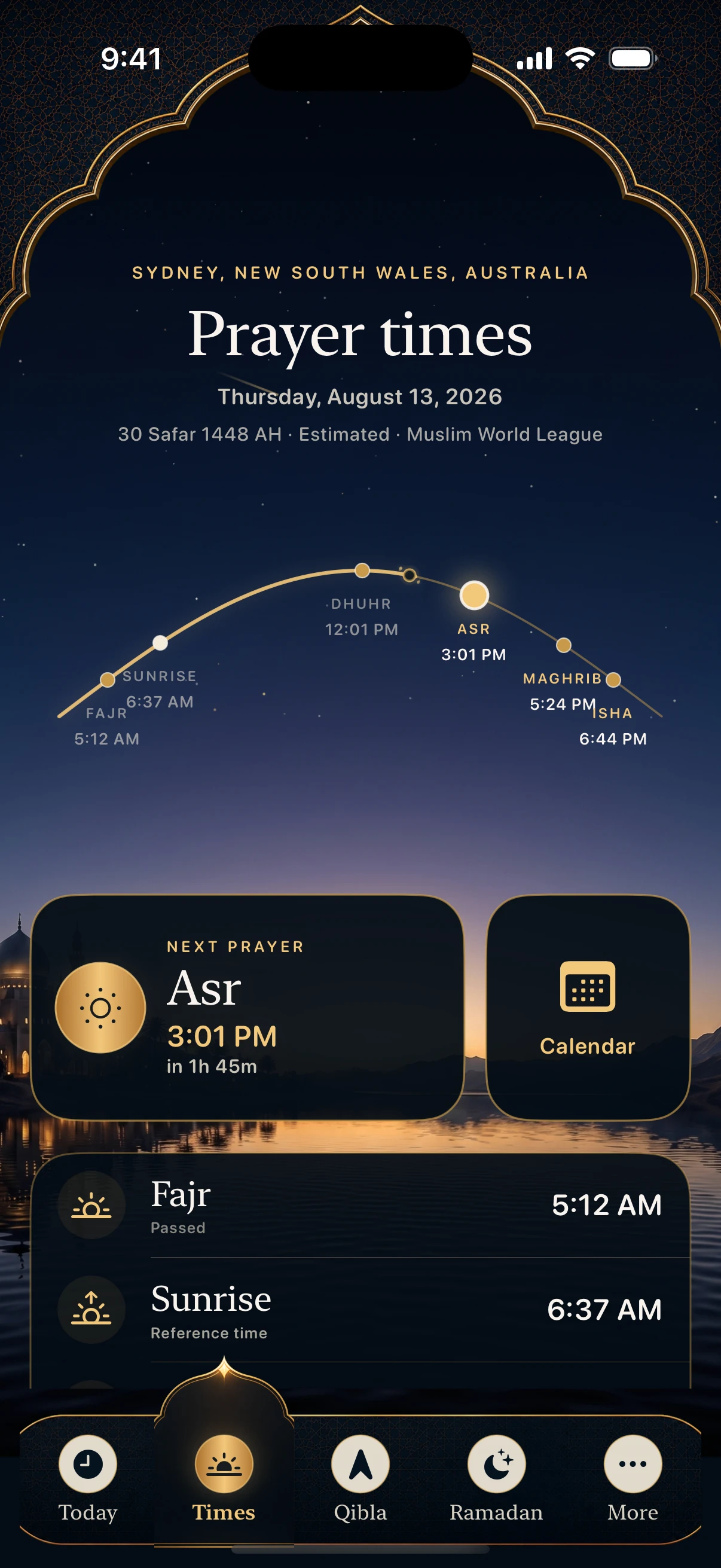 Current Al Huda Prayer Times screen with its prayer arc, calendar and five-tab navigation.