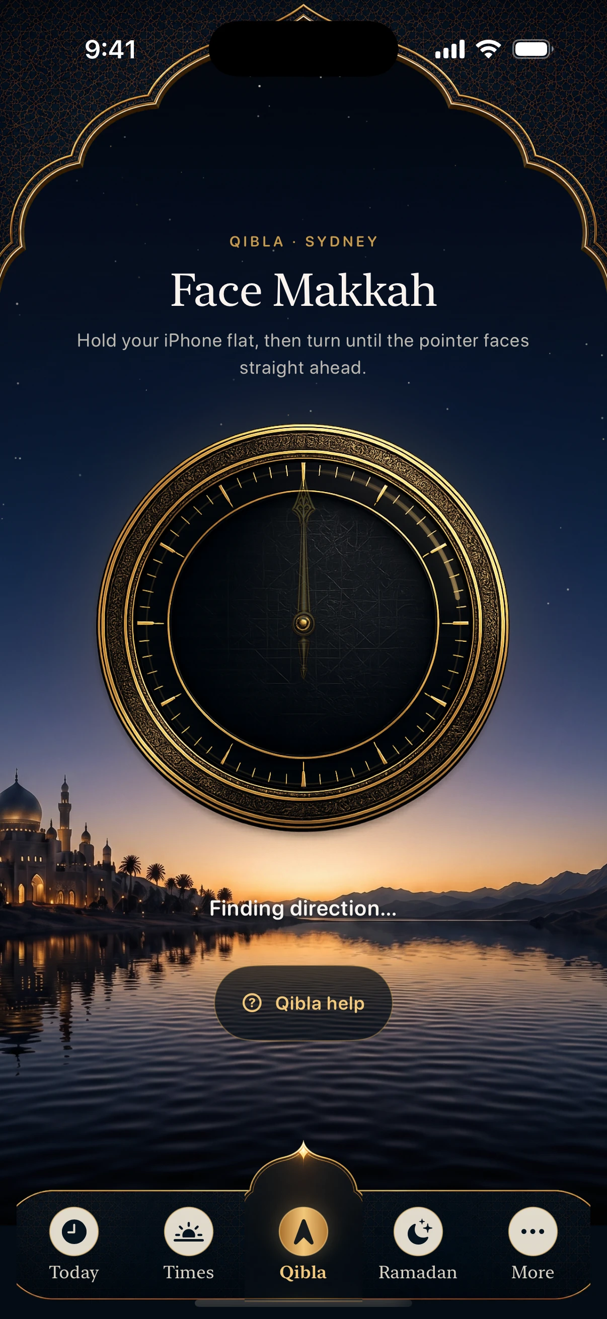Current Al Huda Qibla screen with Face Makkah guidance and five-tab navigation.