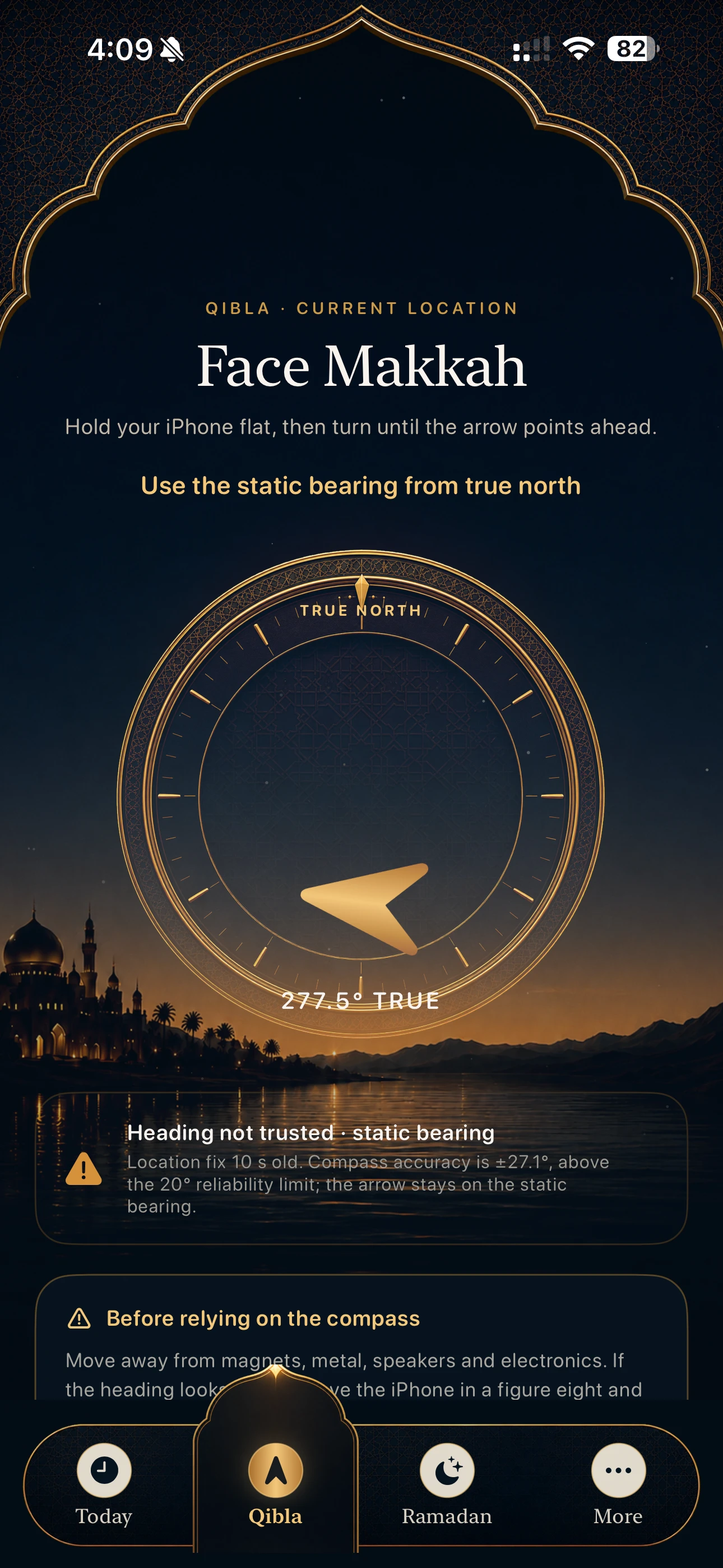 Al Huda Qibla screen behind the Today screen
