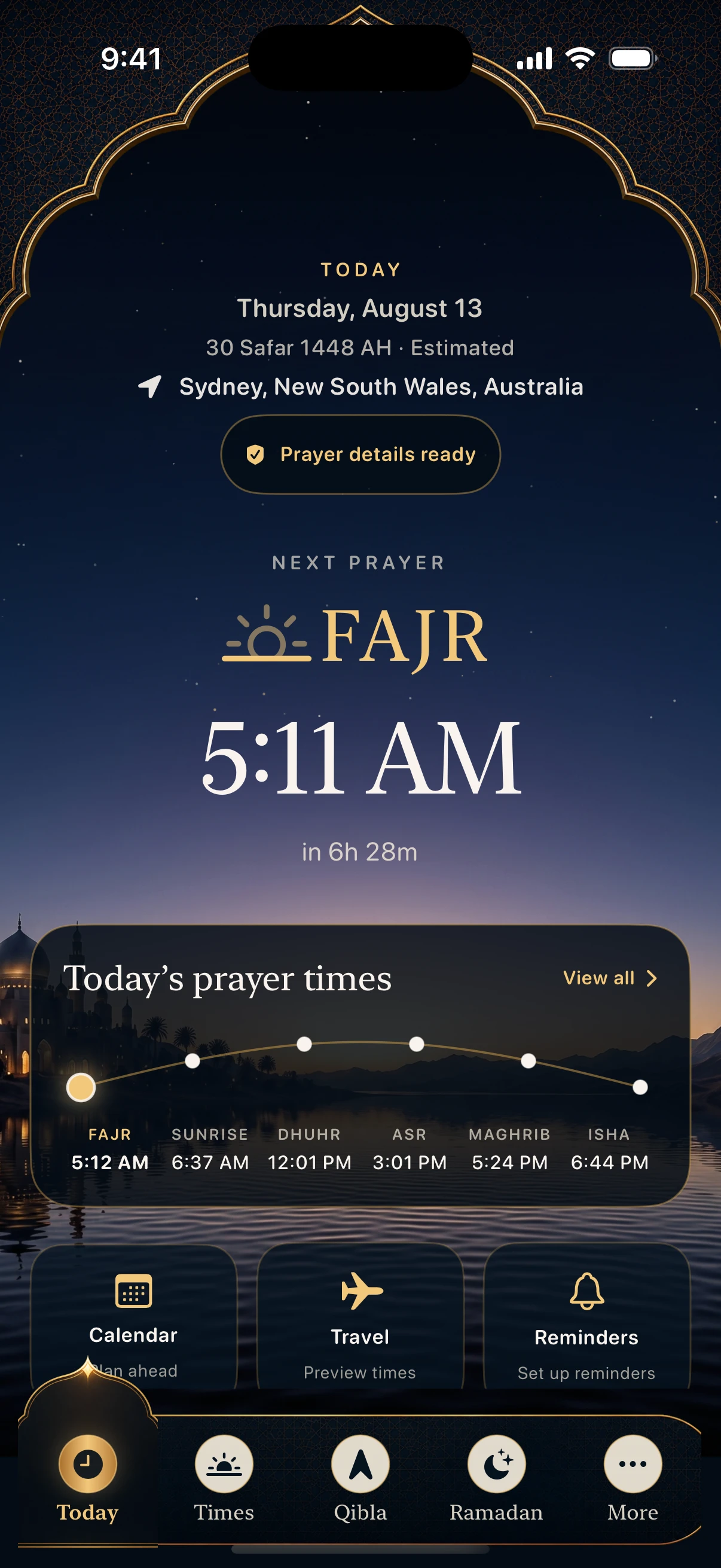 Current Al Huda Today screen with Today, Times, Qibla, Ramadan and More navigation.
